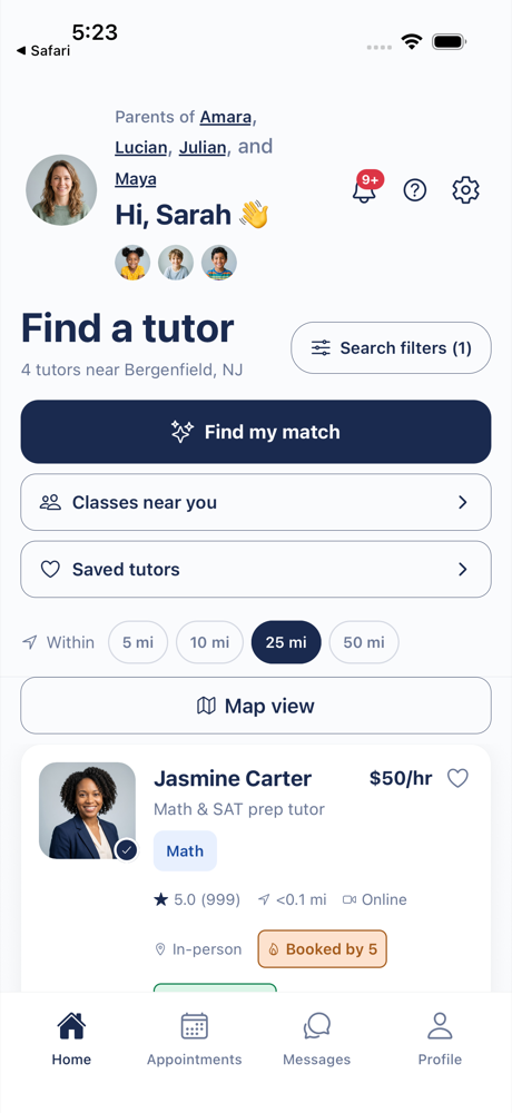 Finding tutors near you in the Oustaad app