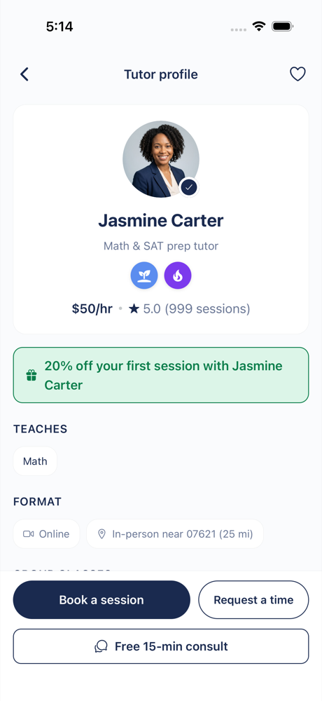 A tutor profile in the Oustaad app